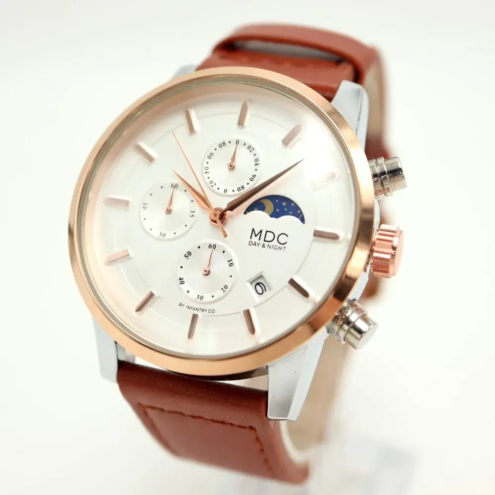 Infantry Co MDC Mens 43mm Moon Phase Chronograph Watch Brown Leather New Battery